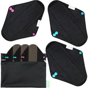 wegreeco Charcoal Reusable Menstrual Pads - Reusable Sanitary Pads | Reusable Panty Liners | Soft Cloth Menstrual Pad- 6 Pack with 1 Cloth Mini Wet Bag (Large, Black)