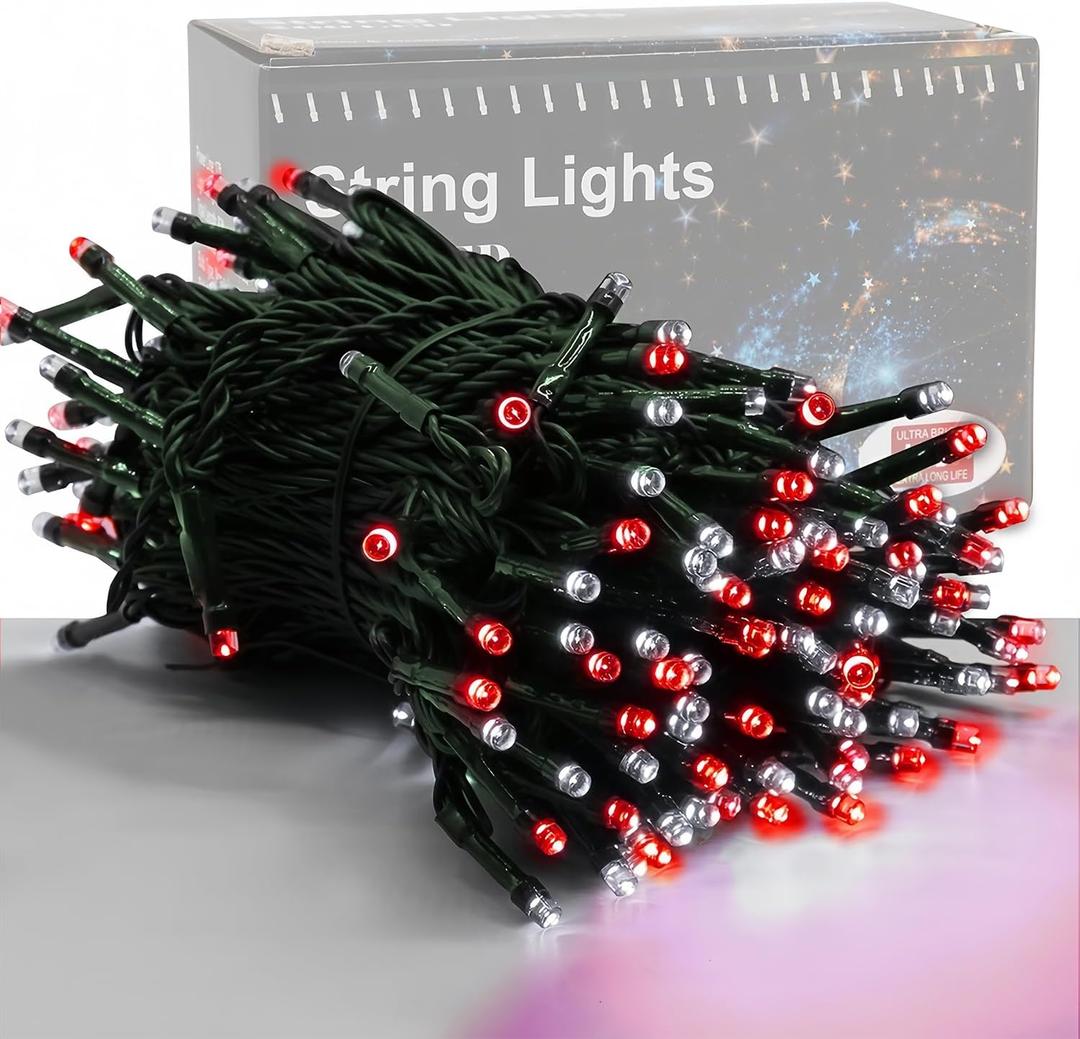 HOME LIGHTING 66ft Valentines Decorative Mini Lights, 200 LED Green Wire Fairy String Lights Plug in, 8 Lighting Mode, for Indoor Outdoor Christmas Tree Wedding Party Garden Decor (Red & White)