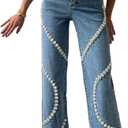 Unybwonn Women High Waist Jeans Rhinestone Trim Bling Baggy Denim Pants Y2k Straight Wide Leg Trousers Streetwear (XX-Large, Blue)