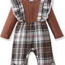 Renotemy Newborn Baby Girl Clothes Fall Winter Outfit Ribbed Romper Plaid Overalls Jumpsuit Infant Girl Outfits 0-18 Months (Brown)