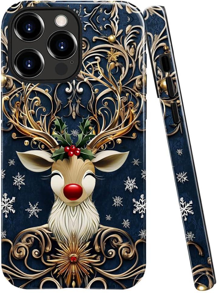 Case Compatible with iPhone 16 Pro Max,Glossy Hybrid 2-Layer Hard Shell,Shockproof Soft for Girl Women,Christmas Reindeer Golden
