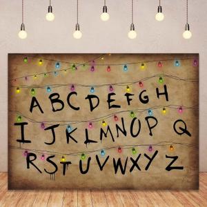 Colourful Light String Rustic Alphabet Backdrop for Halloween Birthday Party Decor Cake Table Banner Photo Booth Props Supplies 7x5FT