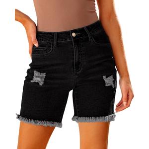 Luvamia Jean Shorts for Women High Waisted Trendy Casual Distressed Stretchy Denim Long Shorts Ripped Raw Hem Shorts (X-Large, Washed Black)