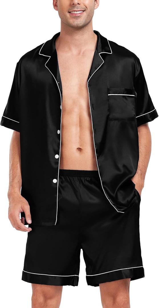 SWOMOG Men Satin Silk Pajamas Sets Short Sleeve Sleepwear Button-Down PJs Sets Two-Pieces Loungewear with Pockets, Size 2XL