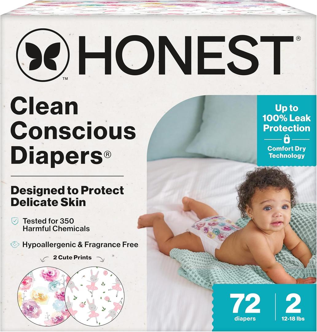 The Honest Company Clean Conscious Diapers for Delicate Skin | Up to 100% Leakproof | Hypoallergenic, Fragrance Free | Girl Prints | Club Box, Size 2 (12-18 lbs), 72 Count (Prints May Vary) (Rose Blossom + Tutu Cute)