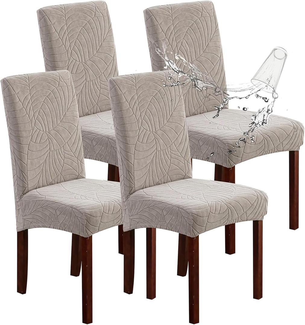 Genina Waterproof Chair Covers for Dining Room Set of 4, Dining Room Chair Covers Protectors Stretch Kitchen Parson Chair Slipcovers(Leaves-Warm Gray, 4 PCS)
