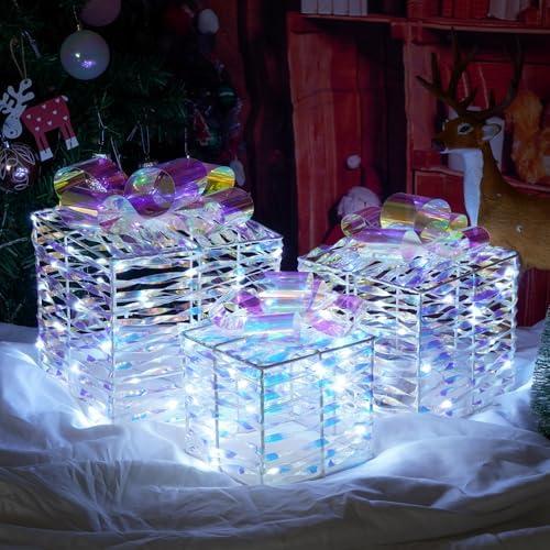 Set of 3 Christmas Lighted Gift Boxes, Light up Iridescent Xmas Present Ornament for Tree, Battery Operated Cold White LED Yard Porch Holiday Indoor Outdoor Decoration