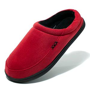 NewDenBer Men's Warm Memory Foam Suede Plush Fleece Lined Slip on Indoor Outdoor Clog House Slippers (11-12 D(M) US, Red/Black)