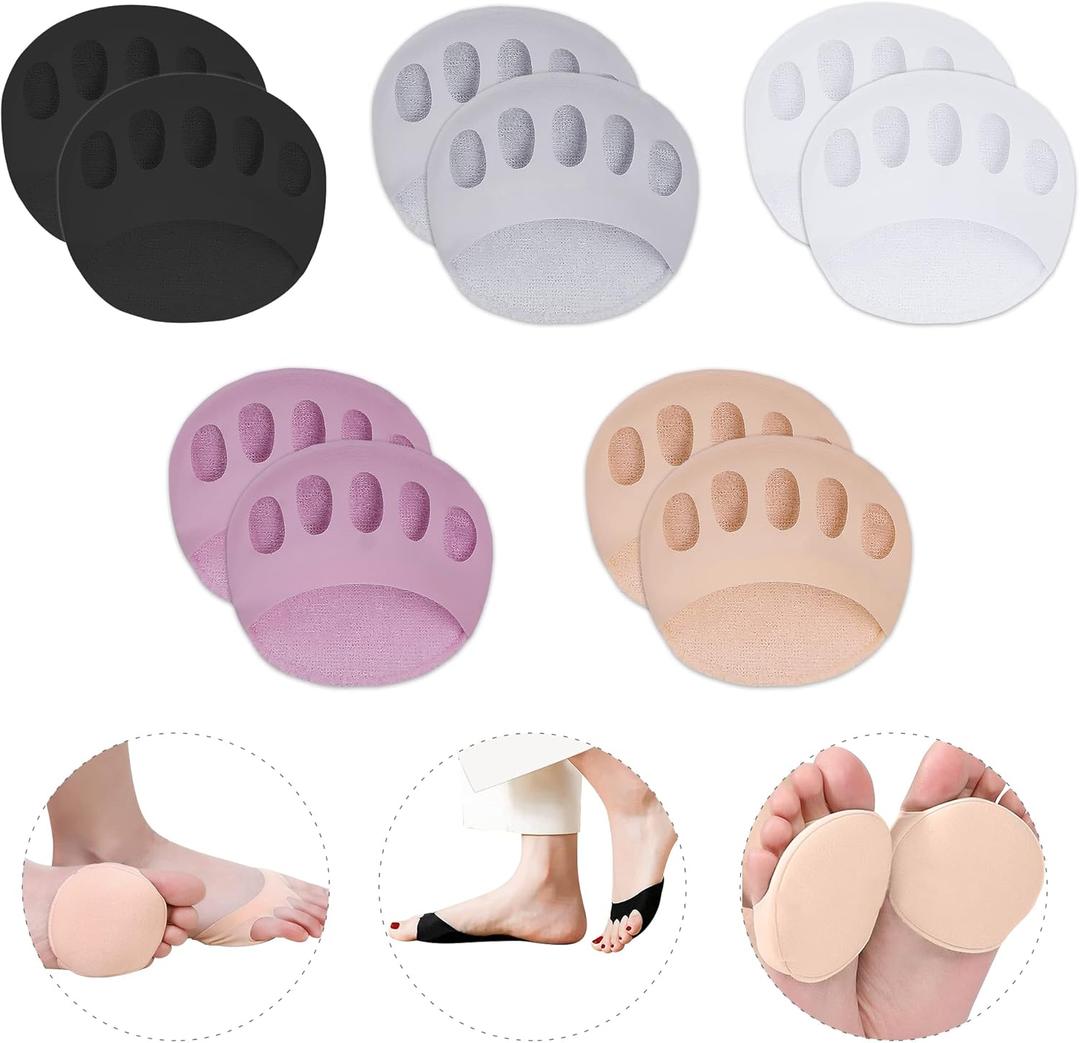 Ball of Foot Cushions Honeycomb Fabric Metatarsal Pads Invisible Socks Pads for Women and Men Reusable Forefoot Pads, 5 Colors (5 Pairs-(Black-Beige-White-Purple-Gray))