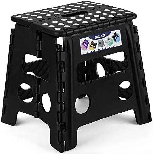 Delxo Folding Step Stool, 17,5 inch Non-Slip Foldable Stools Up to 300 LBS, Step Stool with Handle, Lightweight for Kitchen, Bathroom, Bedroom, Garden, Black, 1 Pc