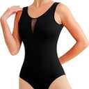 Women Ballet Lace Short Sleeve Dance Leotard Tank, Hollow Back Dancewear (X-Large, Black(v-shaped Fine Mesh))