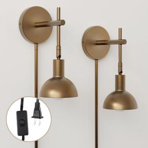 Nathan James Tamlin Vintage Brass Wall Light Fixture, Wall Mounted 1-Light Lamp, Plugin Sconce with On/Off Switch for Living Room, Reading Nook or Bedroom, Vintage Brass, Set of 2