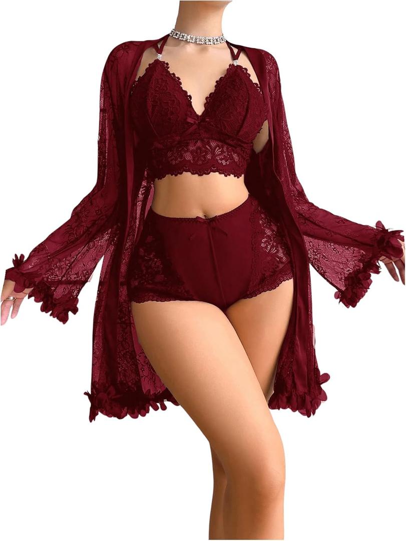 OYOANGLE Women's 3 Piece Pajama Set Lingerie Set Bra and Panty Sets with Lace Kimono Robe Mesh Nightgown (Medium, Burgundy) OYOANGLE Women's 3 Piece Pajama Set Lingerie Set Bra and Panty Sets with Lace Kimono Robe Mesh Nightgown (Medium, Burgundy)