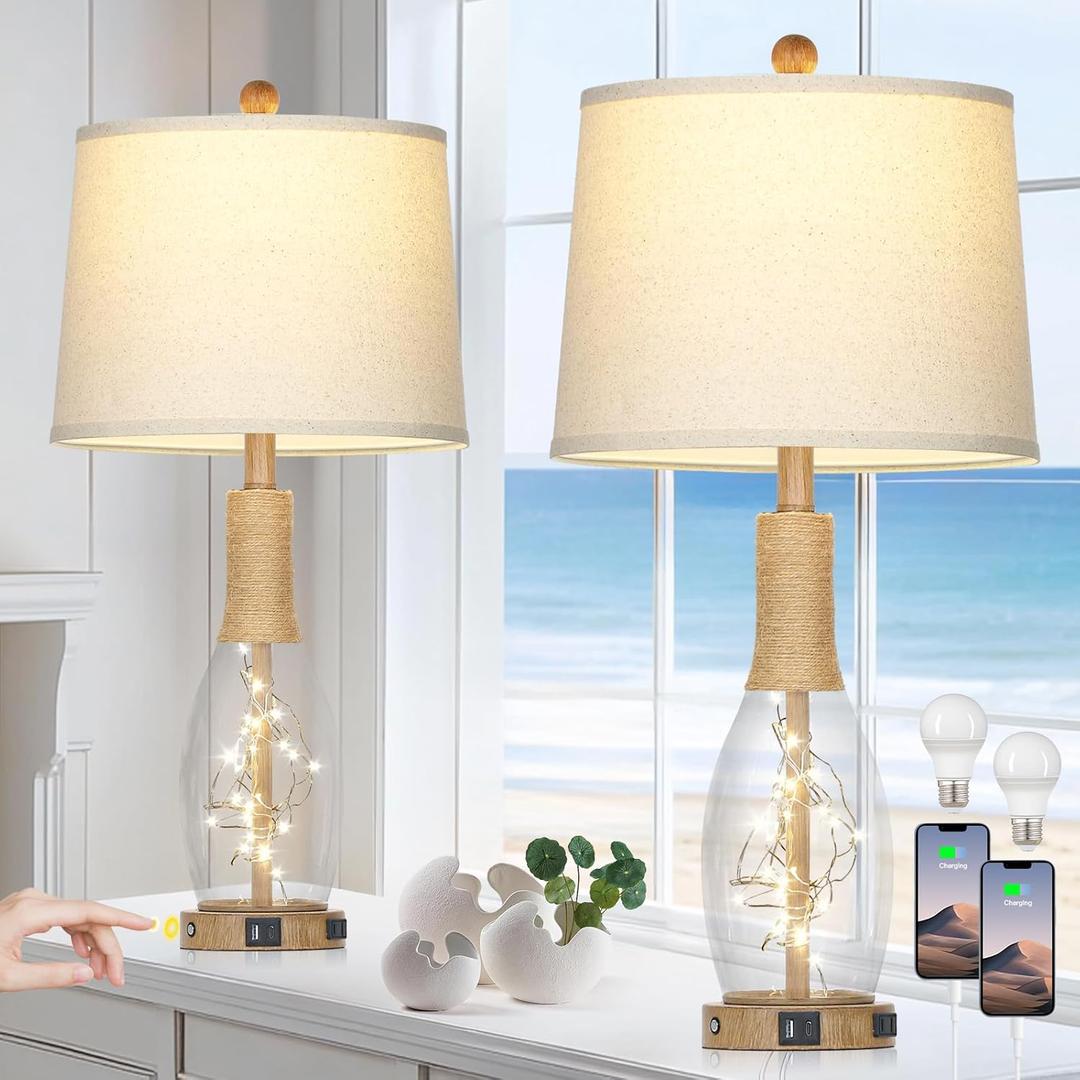 28" Coastal Table Lamps for Bedroom Set of 2, Farmhouse Glass Lamps with 3-Way Dimmable Touch Control Fairy Lights & Type-C Charging for Living Room Nightstand, Beach Nautical Bedside Lamp Rustic Wood