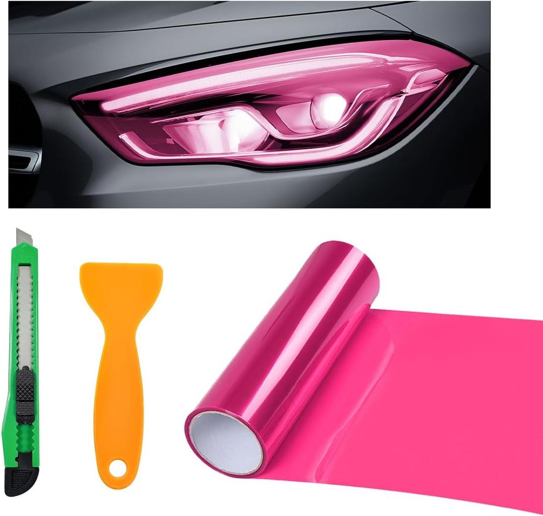 povtii Tint Vinyl Film Sticker Sheet Roll for Car Headlight, 12×48 Inch Auto Taillight Vinyl Wrap Film, Self Adhesive Fog Light Vinyl Film with Squeeze & Cutter, Car Accessories (Pink)