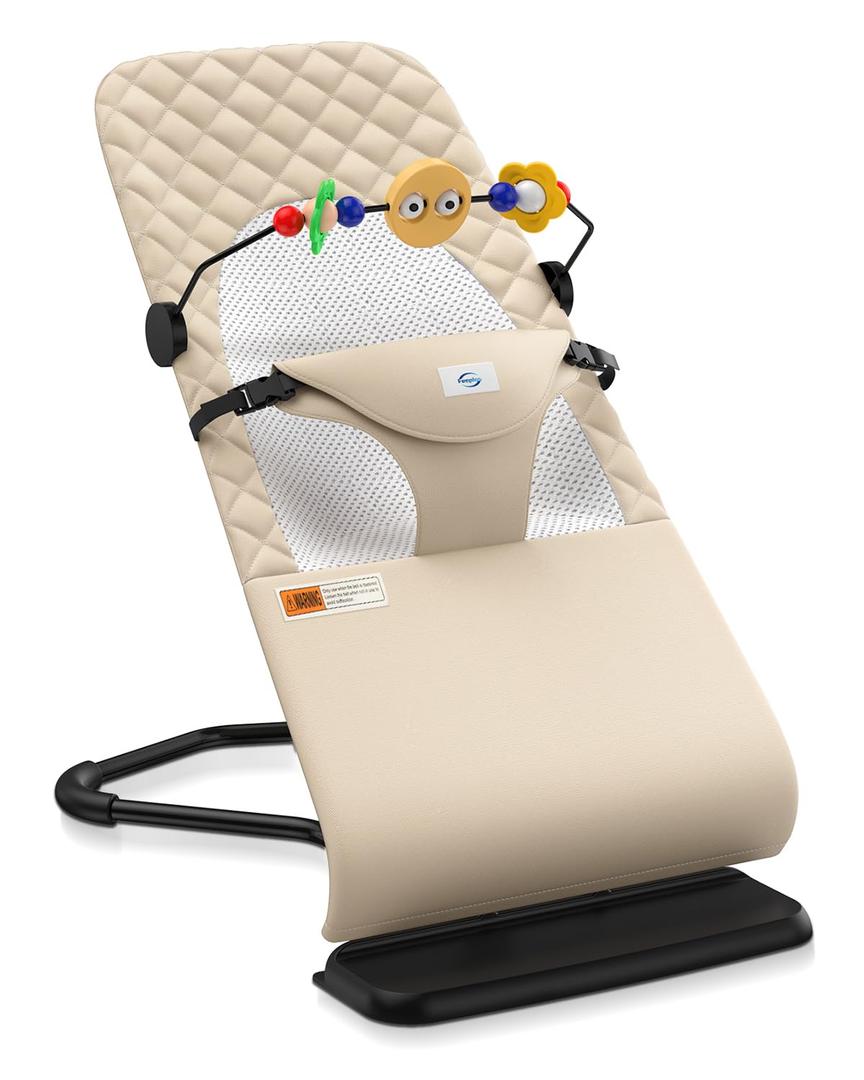 Bouncer Seat for Babies 0-12 Months, Baby Bouncer for Breathable and Comfortable Cushion, Three Height Adjustments, Baby Rocker Portable Folding and Detachable, Ergonomic Baby Seat (Brown beige)