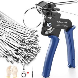Metal Zip Ties Tool, Stainless Steel Zip Tie Gun with Built-in Cutter, Adjustable Fastening Cutting Zip Tie Tool with 100pcs 11.8in Self-Locking Stainless Steel Zip Ties, Zip Tie Organizer and Gloves (Blue)