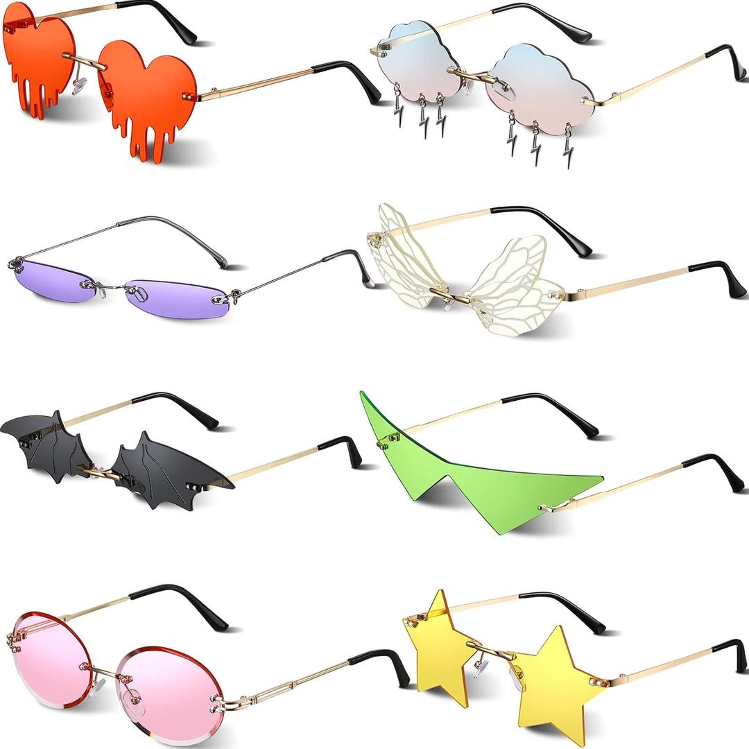 8 Pcs Irregular Sunglasses Set Heart Sunglasses Flame Cloud Butterfly Star Rimless Shape Party Favors (Stylish Style)