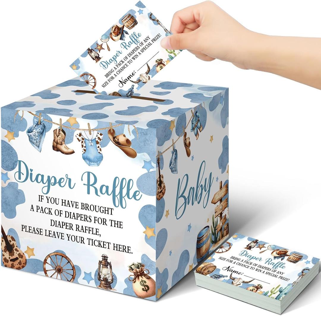Teling 51 Pieces Diaper Raffle Tickets with Card Box Baby Shower Decorations Baby Shower Holder Box for Girl Boy Diaper Raffle Party(A Small Cowboy is on the Way), 19 x 19 x 19 cm , 12 x 8 cm
