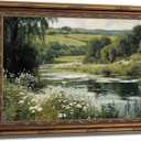 Vintage Gold Framed River Wall Art Green Nature Landscape Canvas Prints Rustic Rural Wildflower Poster Farmhouses Lakes Scenery Picture for Living Room Bedroom Bathroom Office Wall Decor 24x16in