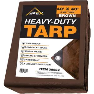 Heavy Duty Brown Tarp - 40ft x 40ft - 5 MIL Multipurpose UV Resistant, Waterproof Protective Tarp Cover with Metal Grommets and Reinforced Edges - for Roof, Camping, Patio, Boat, Car