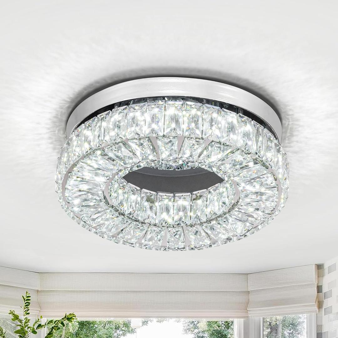 11.8 Crystal Ceiling Light Fixture, 6500K Cool White Flush Mount Ceiling Light, Modern Round LED Small Chandeliers for Bedroom Closet Kitchen Bathroom Foyer Hallway