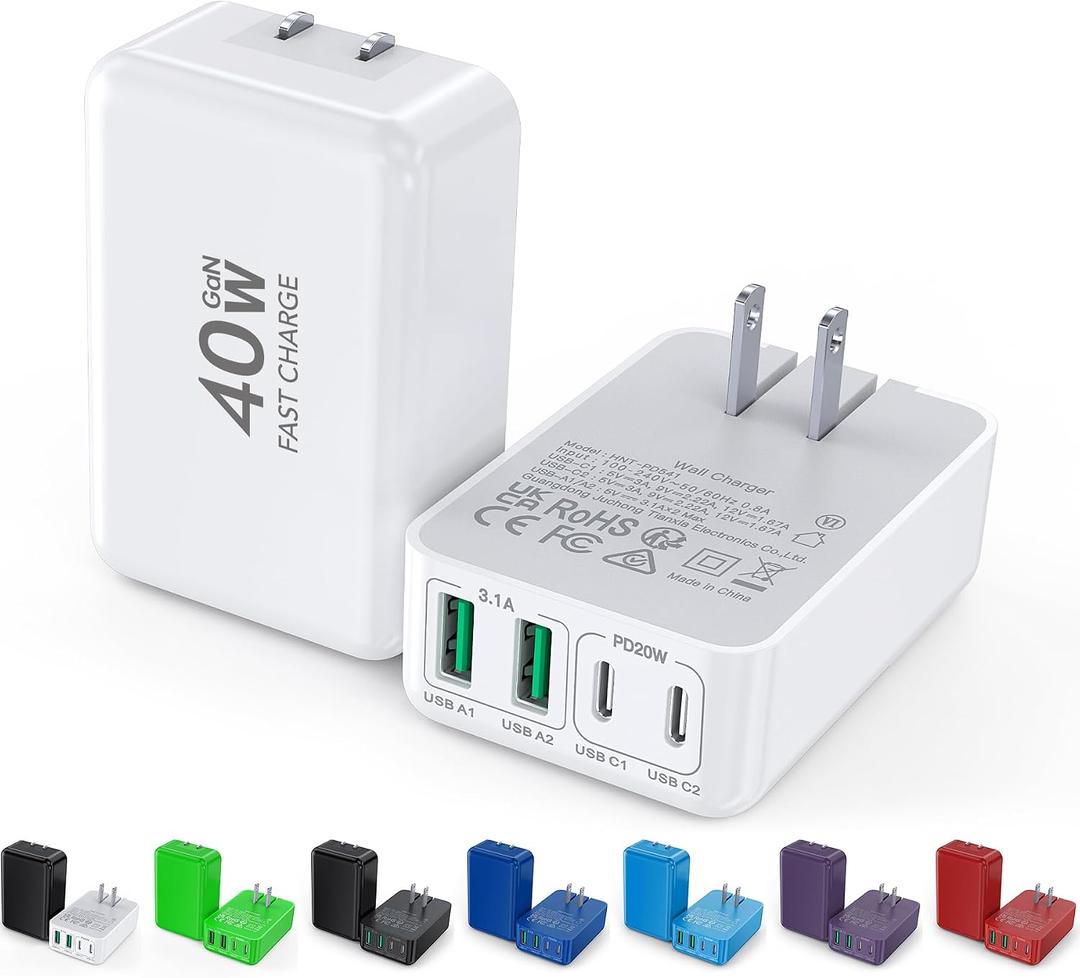 2Pack Flat USB C Wall Charger,40W 4Ports Foldable & Slim Fast Charging Block,Type C Cube Box Multiport Power Adapter Plug Brick Compatible with iPhone 17/16/15/14,Samsung,Pixel, AirPods4,Watch10