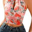 2026 Women's Summer Halter Top V Neck Print Sleeveless Tie Back Mesh Backless Crop Camisoles Tops (Green, M)