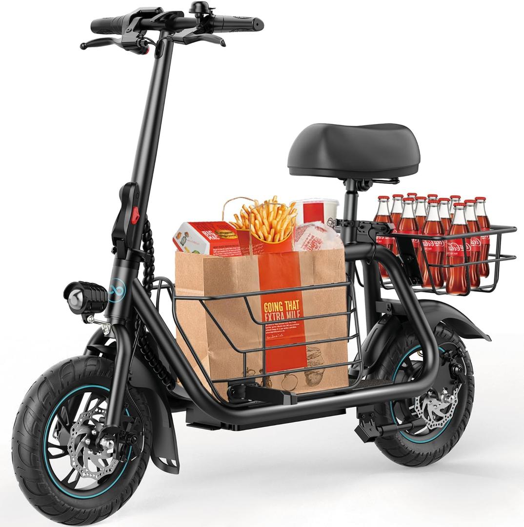Electric Scooter with Seat, 300W Motor, 15.53MPH Top Speed, 20 Miles Range, Adults E-Scooter with Large Storage Basket for Pets Dogs and Items C1S-PLG