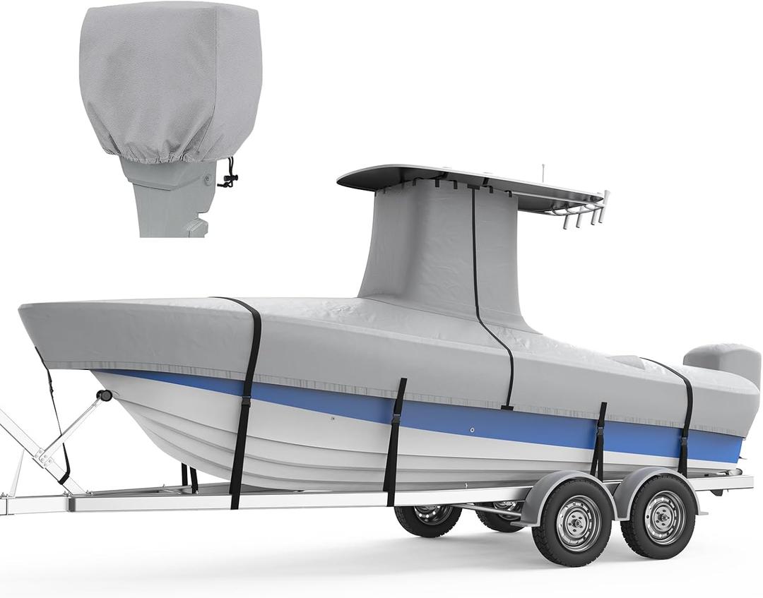 RVMasking Upgraded 1200D T-Top Boat Cover 100% Waterproof Heavy Duty Tear-Resistant Polyester with Motor Cover for Center Console Boat with T TOP Roof, 20'-22' Long Beam Width up to 106", Gray