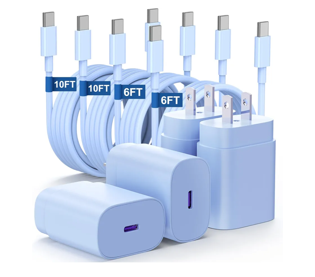 Essri Type C Charger Fast Charging for Samsung Galaxy S25/S24/S23/S22/Note 20,4Pack 25W Super USB C Fast Charger Block with (6ft+10ft) x2 Cables for iPhone 15/16 Pro Max/Plus, Android Phones-Blue