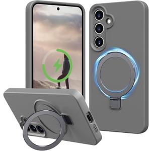 Compatible with Samsung Galaxy S24+ / S24 Plus Case with Stand, Slim Liquid Silicone Phone Case with Camera Protection, MagSafe Compatible Magnetic Kickstand, Pink (Grey)