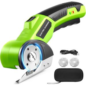 Cordless Electric Scissors, 4V Rechargeable Cardboard Box Cutter with 2 Blades, Safety Lock & LED Light, Rotary Cutter for Cardboard Fabric Carpet Plastic Leather Cloth