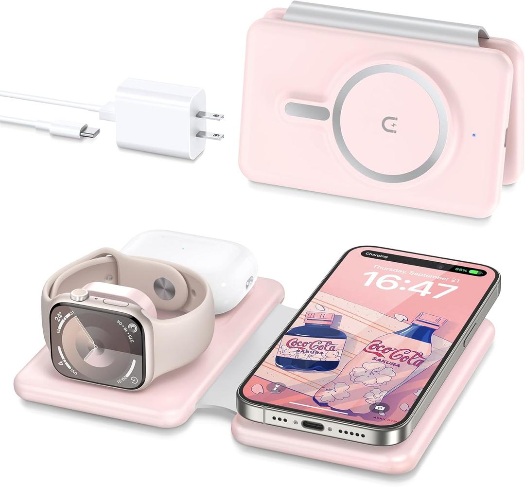 3 in 1 Wireless Charging Station for iPhone 17 16 15 14 13 12 Pro Max Plus Foldable Magnetic Charger Pad for Apple Watch Series & AirPods Fast Wireless Charging Dock for Travel & Home
