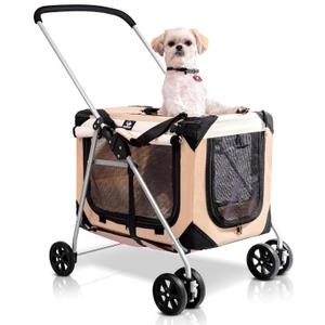 Pet Stroller, Fits 2 Cats, Small to Medium Dogs (Up to 45 Lbs), Detachable, Soft-Sided Pet Carrier, Collapsible, Includes Plush Pillow (Tan)