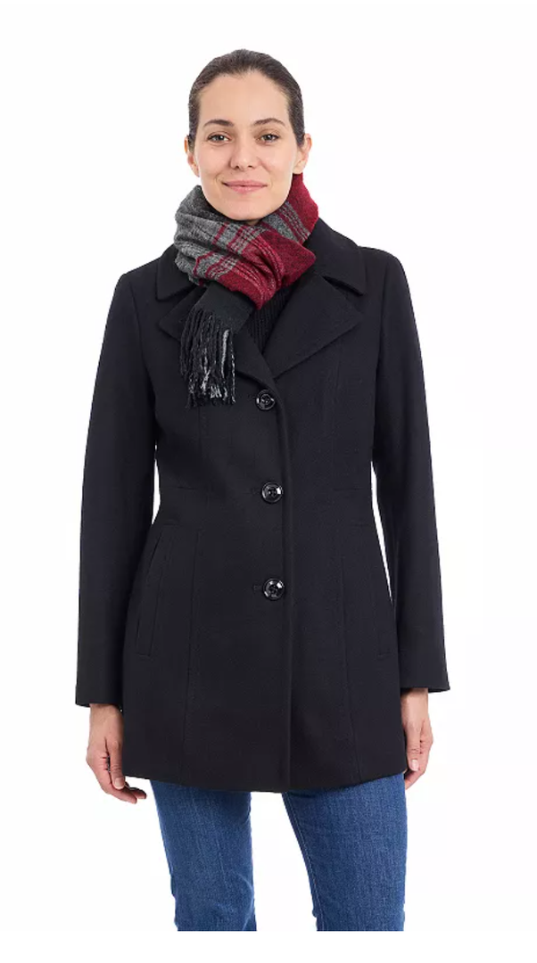 London Fog Womens Single Breasted Peacoat With Scarf Pea Coat Black Large