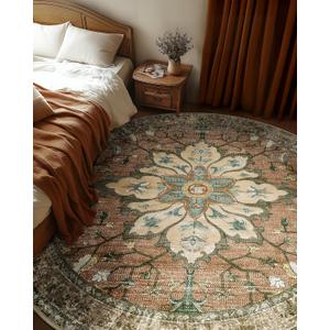 Area Rugs 6ft Washable Non-Slip, Floral Vintage Distress Print Pattern Medallion Carpet for Living Room Bedroom Dining Room, Brick Red Rust Neutral Brown Burnt Orange