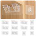 8-Pack Clear Adhesive Double Shelf Brackets & 4 Heavy-Duty Hooks, 5.9x2.8 Inch PVC Shelf Supports & 2.4x2.4 Inch Sticky Hooks for Cabinet, Closet, Bathroom  No Drill, Space-Saving Organizer