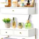 Dreampossible Floating Shelves With Drawers Set of 2, Wall Mounted Bathroom Storage, Rustic Wood Shelves for Bedroom, Living Room, Kitchen, Home Decor, Plants, Books (White)