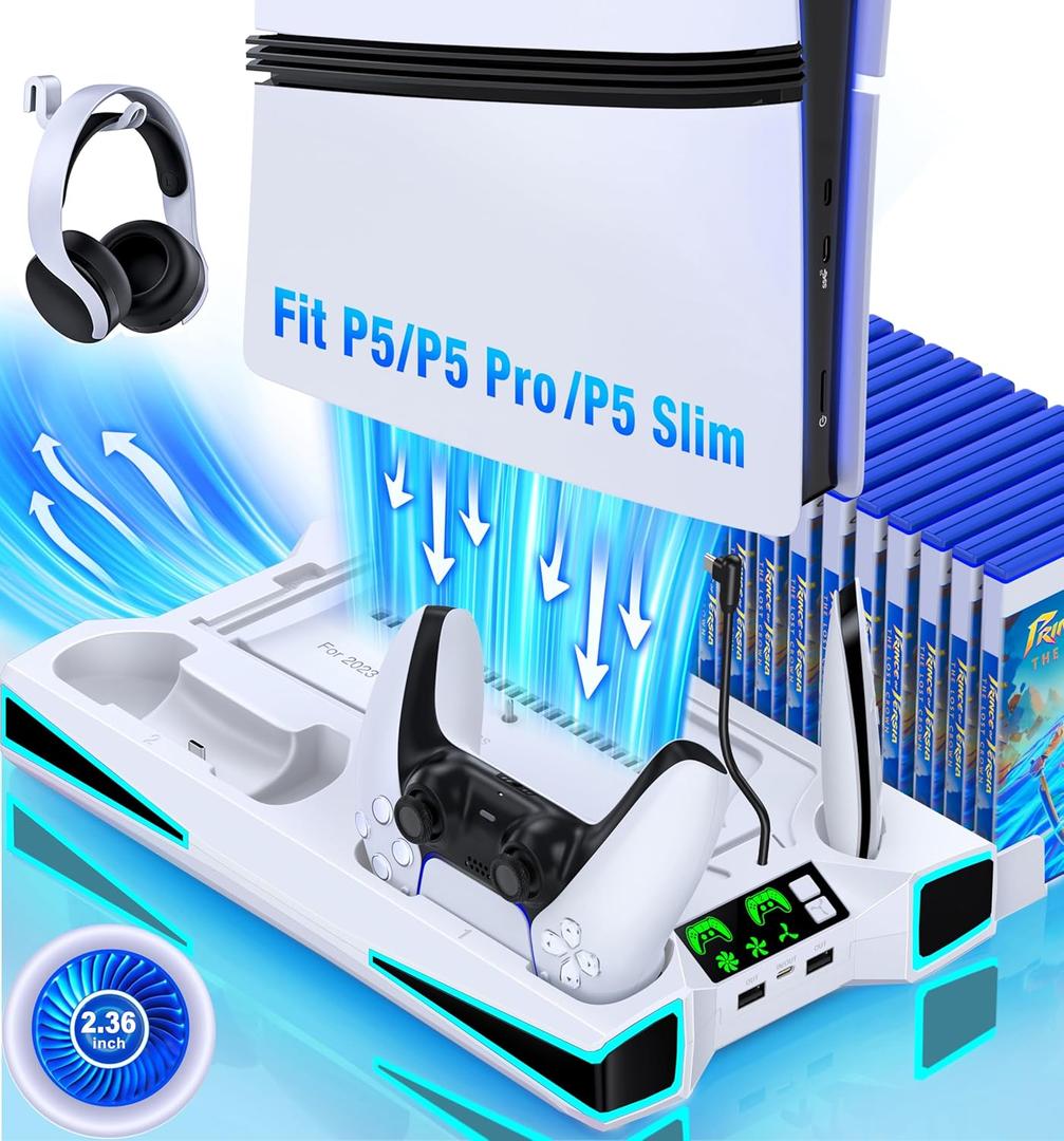 LIFUFUTEE PS5 Stand, PS5/Slim/Pro Cooling Station with 2.36in Cooling Fan, Controller Charger Station for PS5 Accessories, Light, Headset Holder, 3 Charger Ports for PlayStation 5 Slim/Pro Console (White)