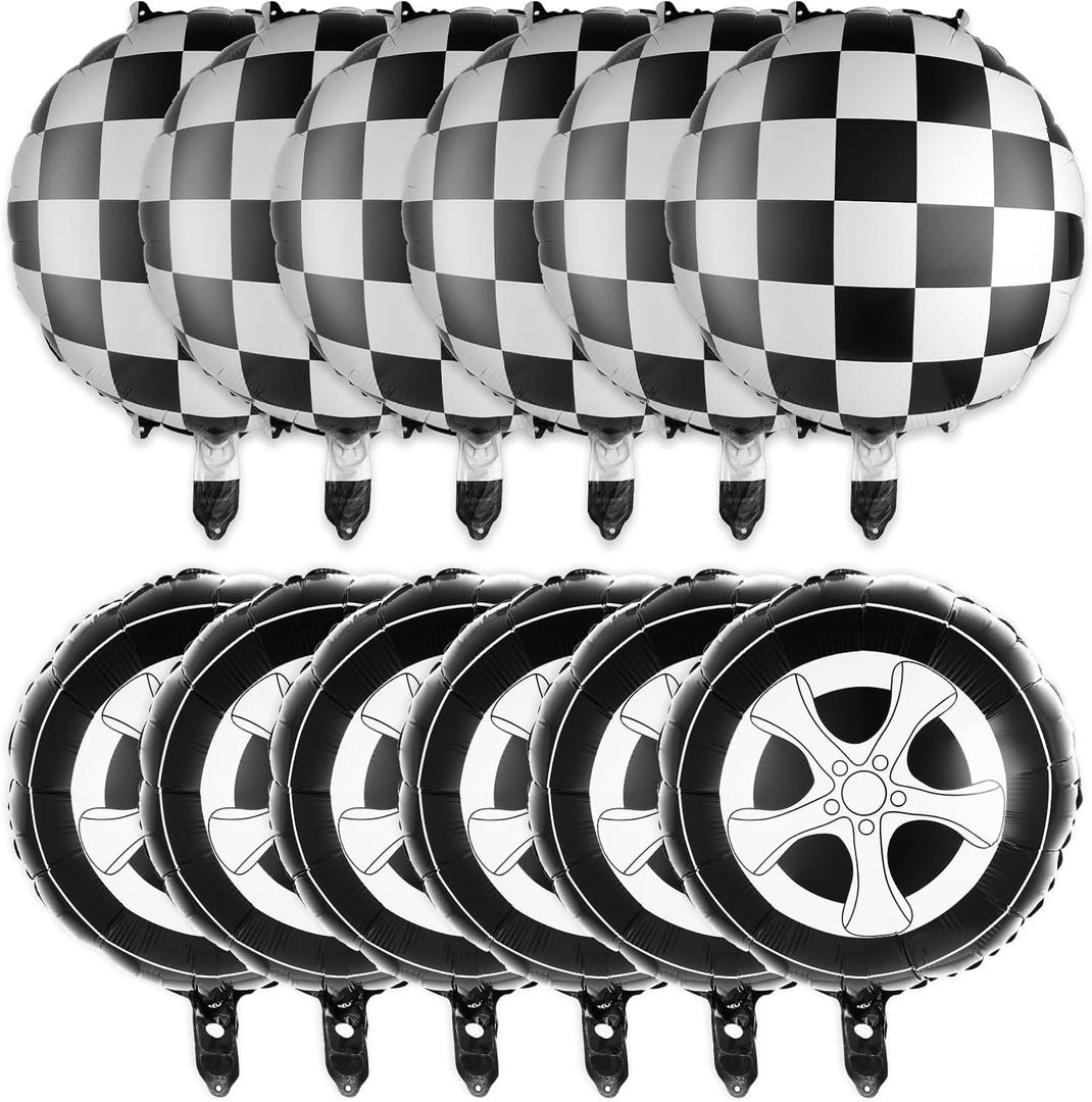 12 Pcs 18 Inch Black and White Checkered Balloons, Car Wheel Balloons Checkered Race Car Balloons Wheel Foil Balloons for Racing Theme Birthday Party Decoration Supplies