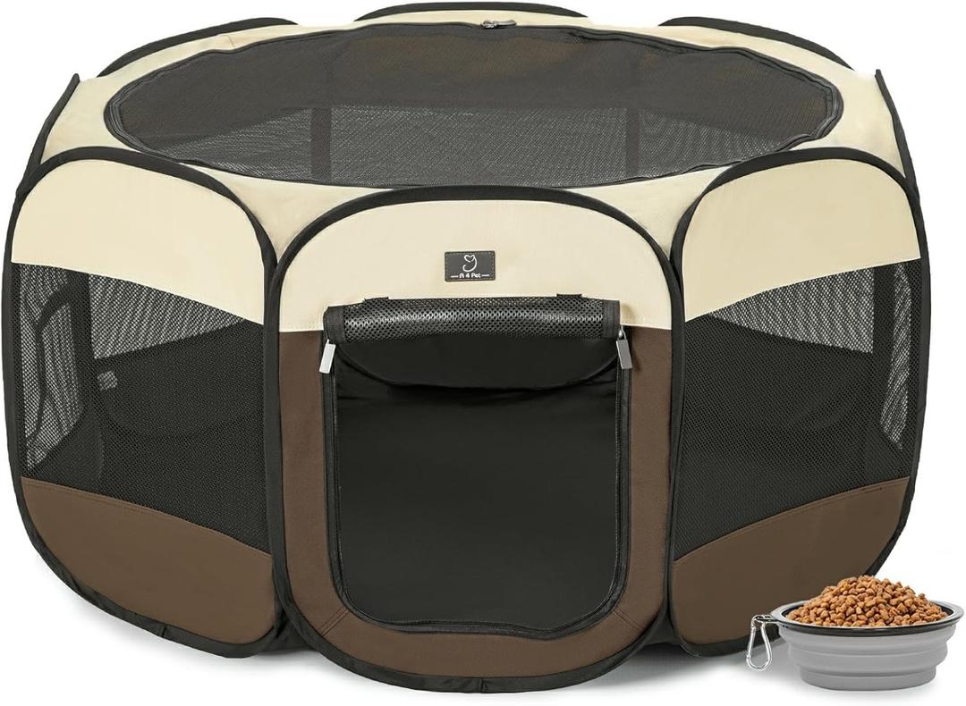 Dog Playpen for Small Dogs & Puppies, 40.55" Portable Indoor Outdoor Puppy Playpen with Bowl, Waterproof Floor, Foldable Pop-Up Pet Pen for Home, Travel & Daily Use, Brown+Beige