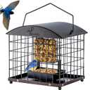 Caged Suet Feeders Squirrel-Proof, Dual-Purpose Suet &Seed Wild Bird Feeders with Tray, Huge Metal Caged Bird Feeders Outdoors Hanging, 2 Suet Cakes+1lb Seed Capacity, Copper