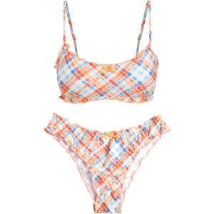 ZAFUL Womens Bikini Set 2 Piece Swimsuit Bandeau Top Cute Plaid Ruffled Bow Decor Cheeky Bathing Suits (Orange, L)