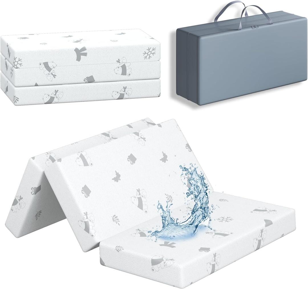 3" Trifold 26"x38" Trifold Mattress Topper, Waterproof Breathable Soft Removable Cover, Portable Mattress Pad with Carry Bag for Indoor & Outdoor Use, High Density Medium Firm Foam