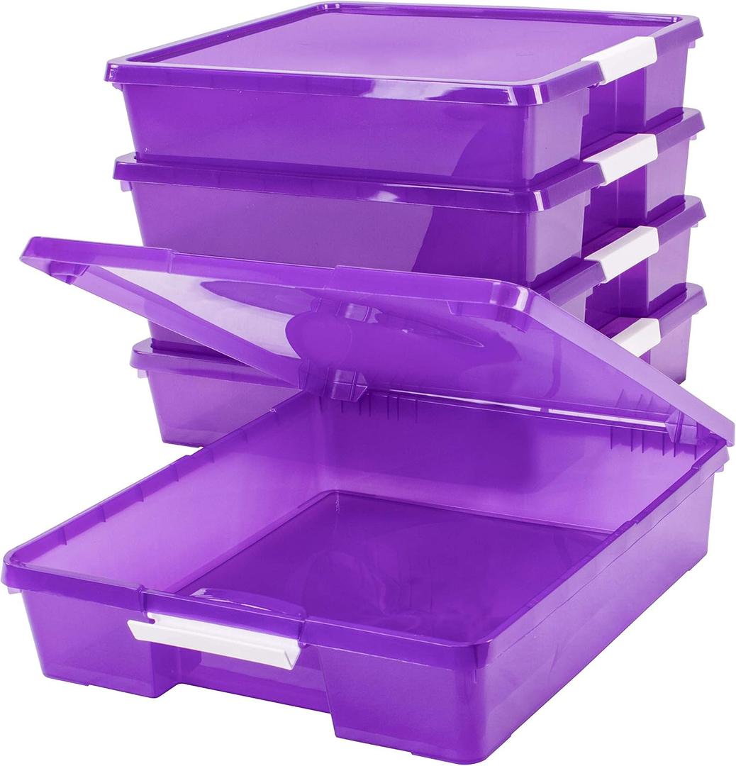 Storex Classroom Craft Project Box – Stacking Plastic Organizer Fits 12x12 Scrapbooking Paper, Purple, 5-Pack (63206U05C)