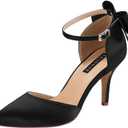 ERIJUNOR Wedding Evening Party Shoes Comfortable Mid Heels Pumps with Bow Knot Ankle Strap Wide Width Satin Shoes (6, Black)