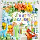 One a Saurus Dinosaur First Birthday Party Decorations - Dino Themed 1 Year Old Backdrop Banner Balloon Cake Topper Crown Box Cutouts Poster