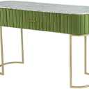 Benjara Jeah 47 Inch Console Table, 1 Drawer, Curved Iron Base, Fabric, Green, Gold and White