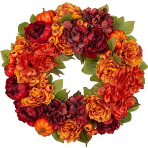 24" Artificial Fall Floral Wreath for Front Door Autumn Wreath with Pumpkin Peony Hydrangea for Halloween Thanksgiving Day Indoor Outdoor Farmhouse Window Wall Dcor